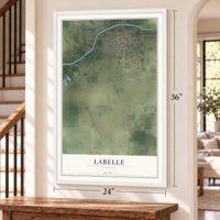 LaBelle, Florida map, 24 x 36 inch print in a white frame by a staircase