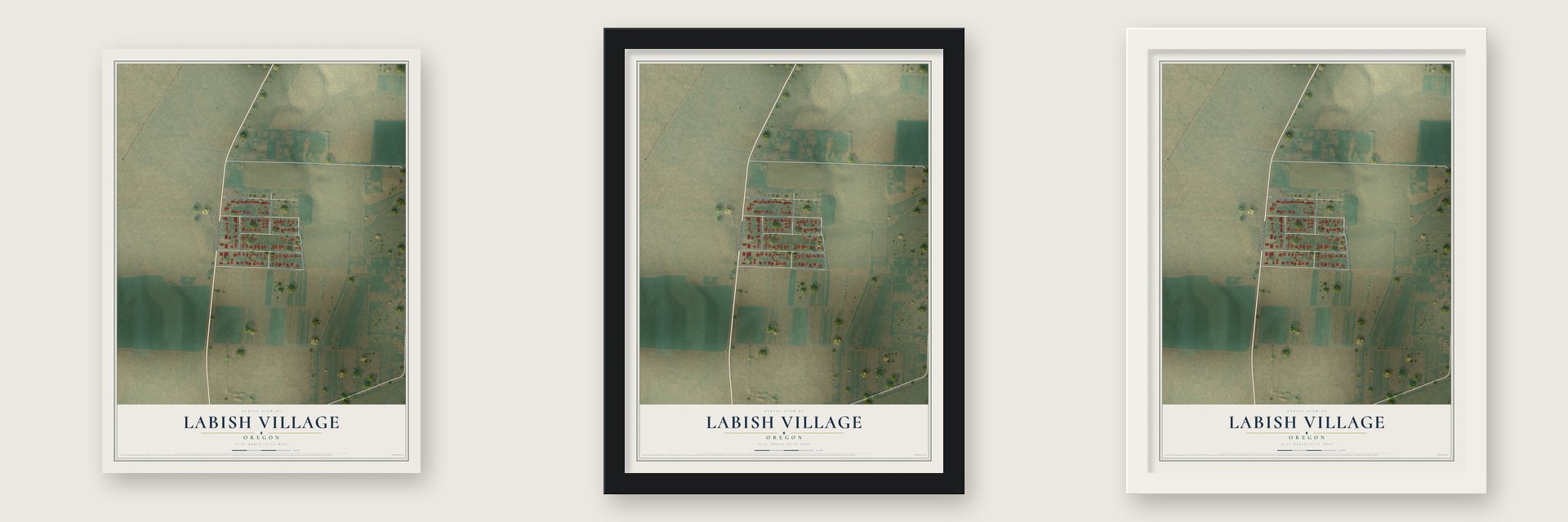 Labish Village, Oregon map unframed, in a black wood frame and in a white wood frame