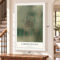 Labish Village, Oregon map, 24 x 36 inch print in a white frame by a staircase