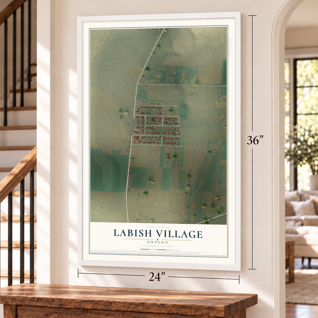 Labish Village, Oregon map, 24 x 36 inch print in a white frame by a staircase