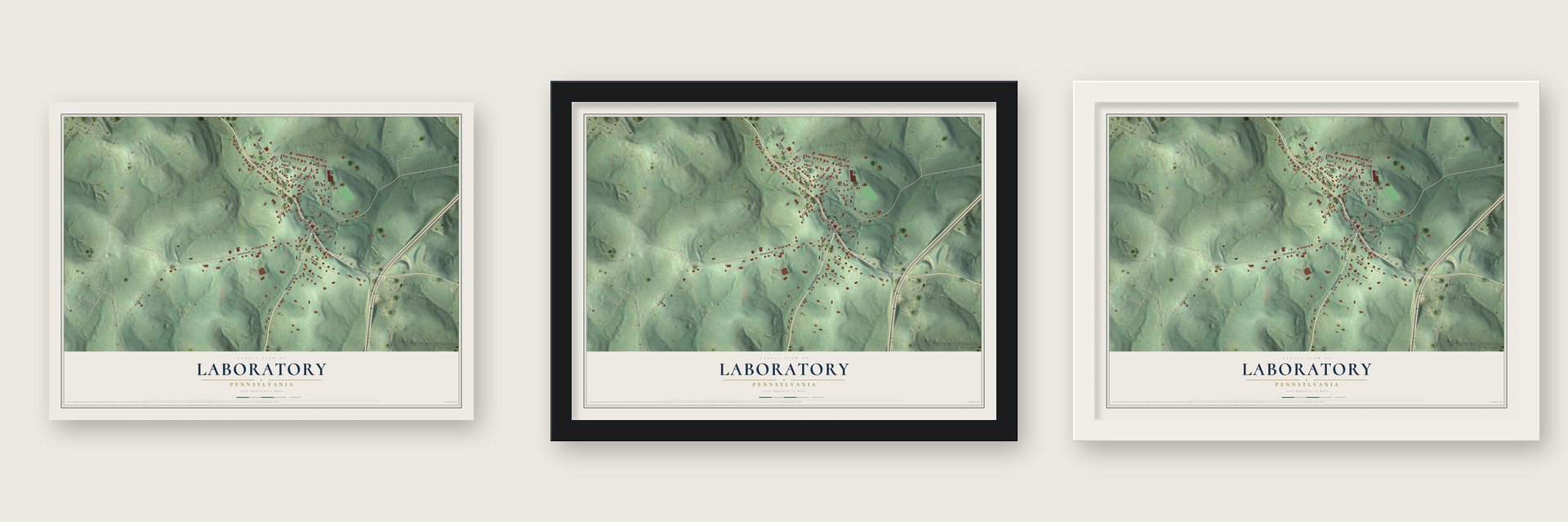 Laboratory, Pennsylvania map unframed, in a black wood frame and in a white wood frame