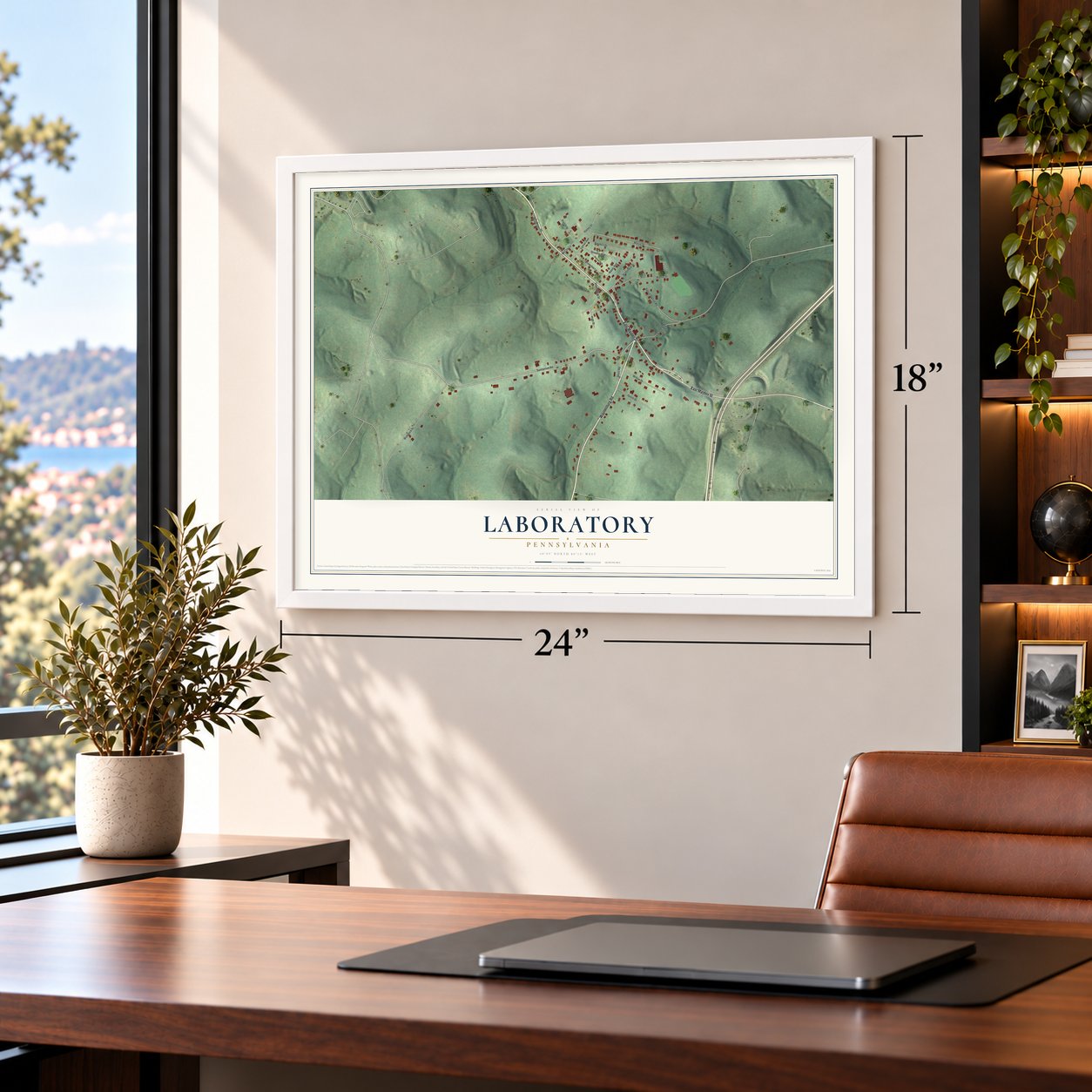 Laboratory, Pennsylvania map, 18 x 24 inch print in a white frame in a home office