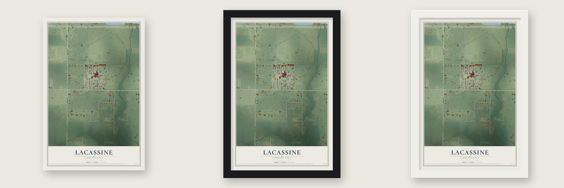 Lacassine, Louisiana map unframed, in a black wood frame and in a white wood frame