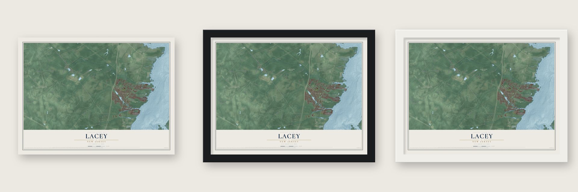 Lacey, New Jersey map unframed, in a black wood frame and in a white wood frame