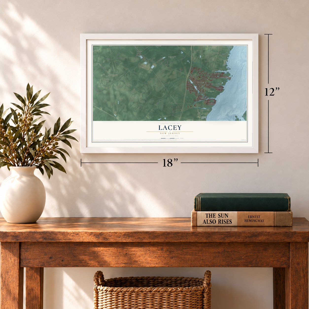 Lacey, New Jersey map, 12 x 18 inch print in a white frame in an entryway