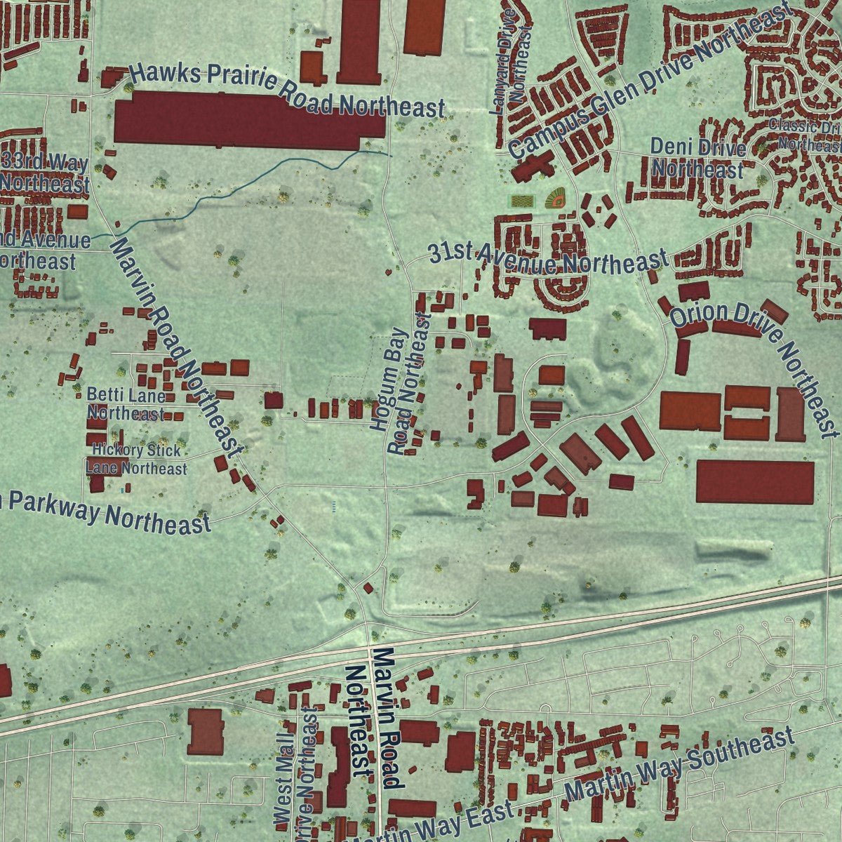 Second close-up of the map of Lacey, Washington print showing more streets and buildings