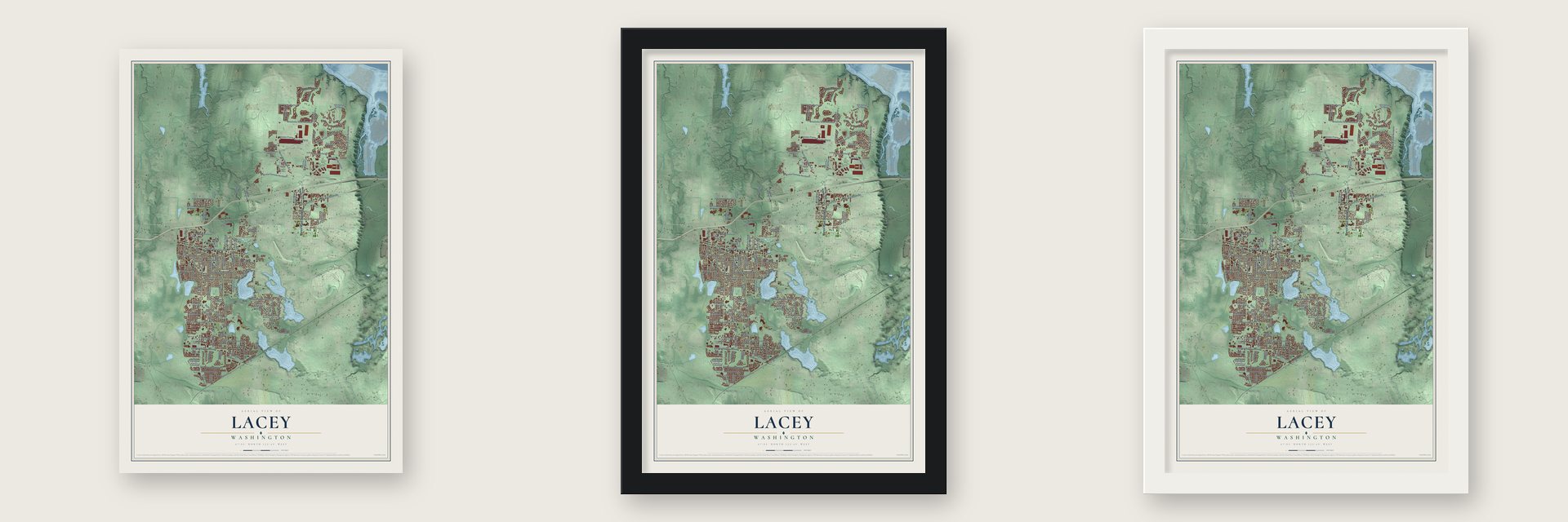 Lacey, Washington map unframed, in a black wood frame and in a white wood frame
