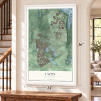 Lacey, Washington map, 24 x 36 inch print in a white frame by a staircase