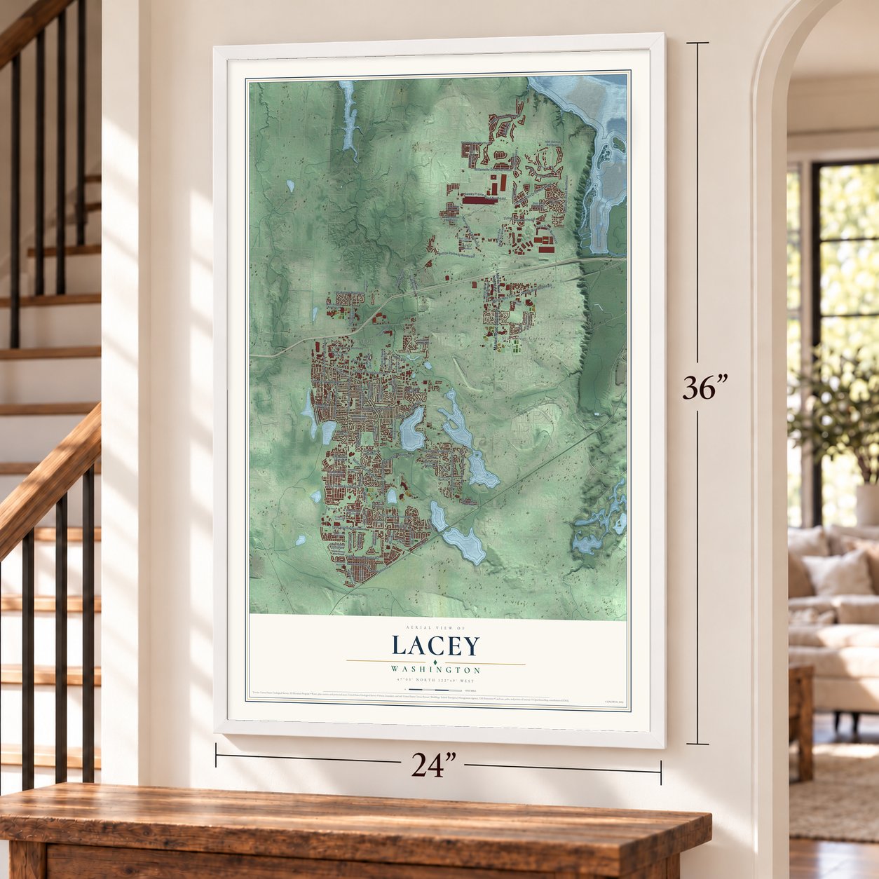 Lacey, Washington map, 24 x 36 inch print in a white frame by a staircase