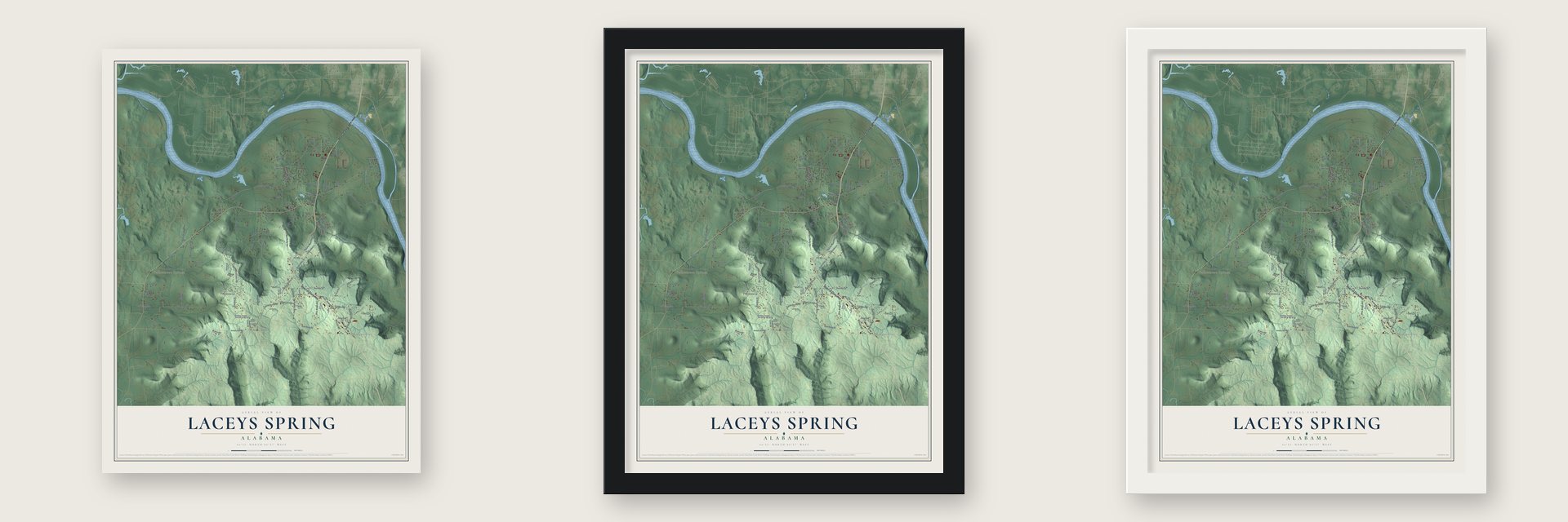 Laceys Spring, Alabama map unframed, in a black wood frame and in a white wood frame