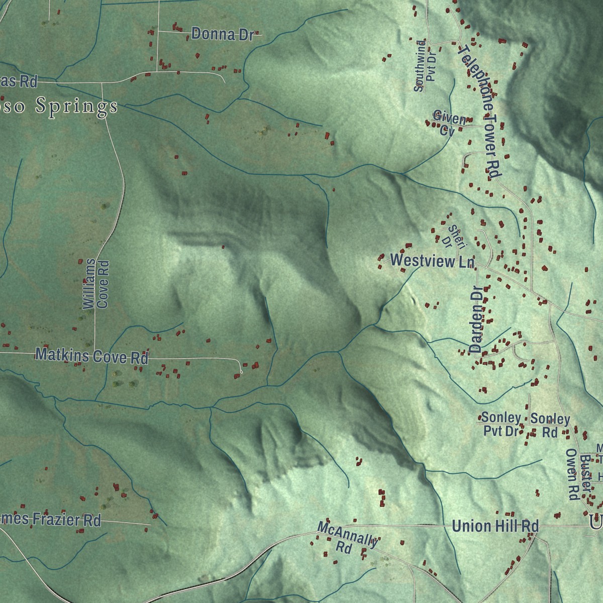 Second close-up of the map of Laceys Spring, Alabama print showing more streets and buildings