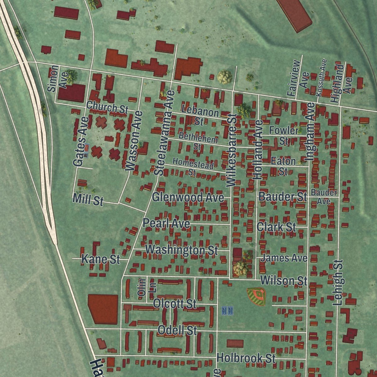 Second close-up of the map of Lackawanna, New York print showing more streets and buildings