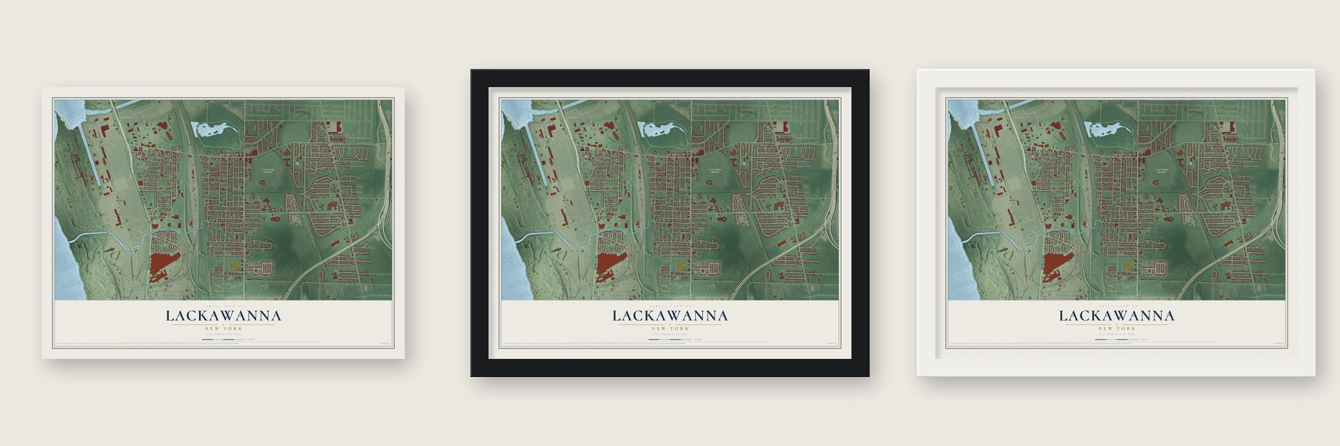 Lackawanna, New York map unframed, in a black wood frame and in a white wood frame