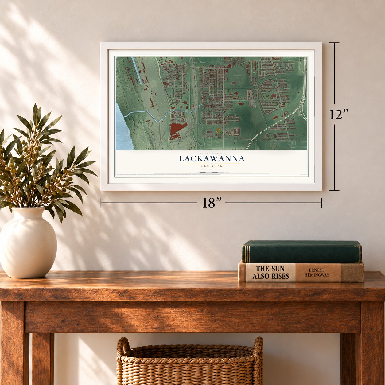 Lackawanna, New York map, 12 x 18 inch print in a white frame in an entryway