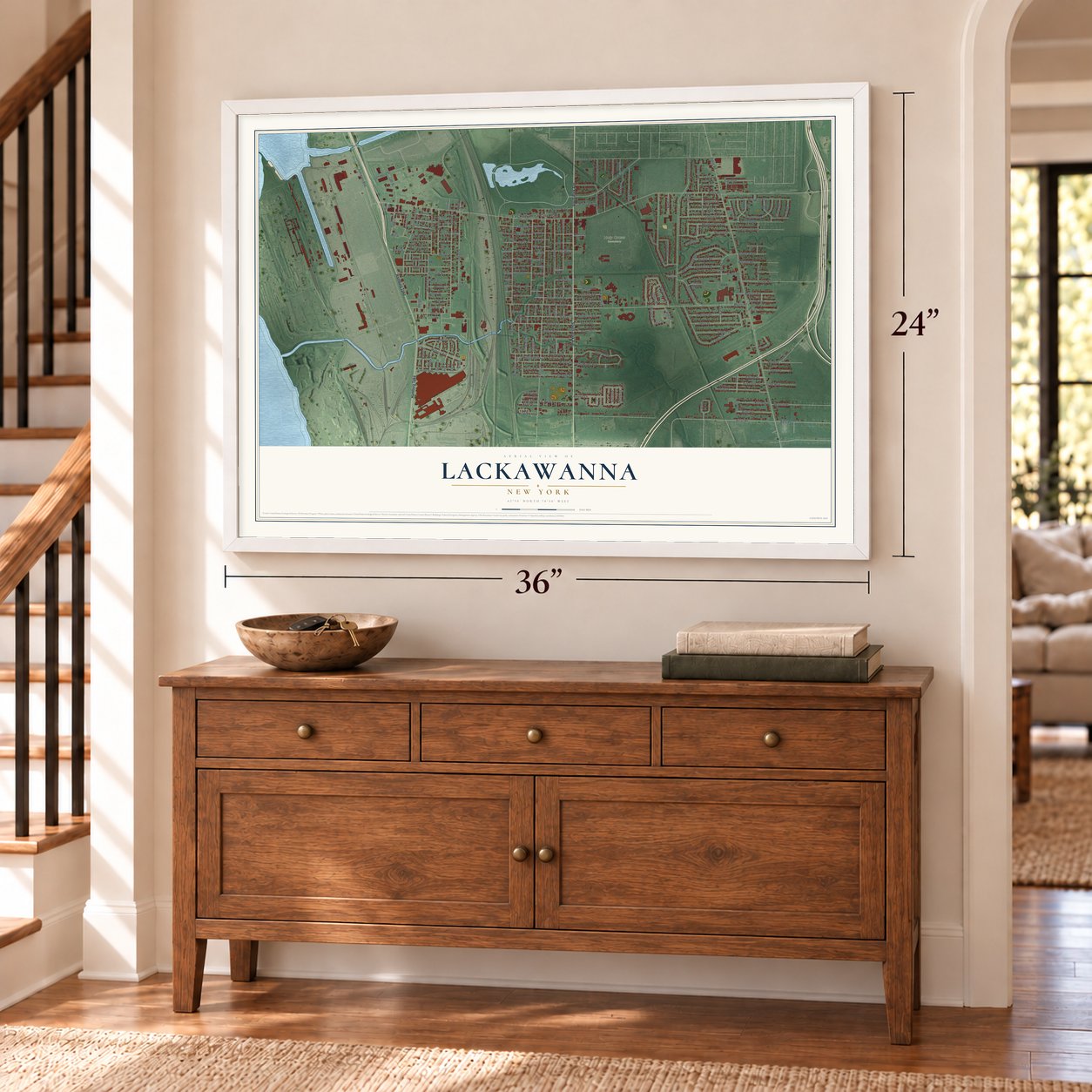 Lackawanna, New York map, 24 x 36 inch print in a white frame above a dresser by a staircase