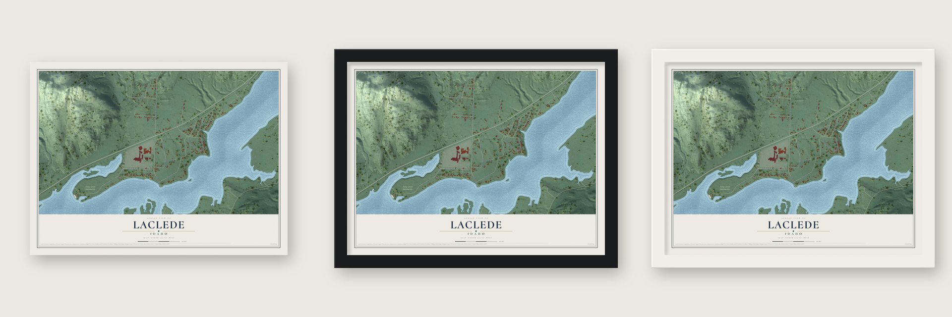 Laclede, Idaho map unframed, in a black wood frame and in a white wood frame