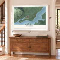 Laclede, Idaho map, 24 x 36 inch print in a white frame above a dresser by a staircase