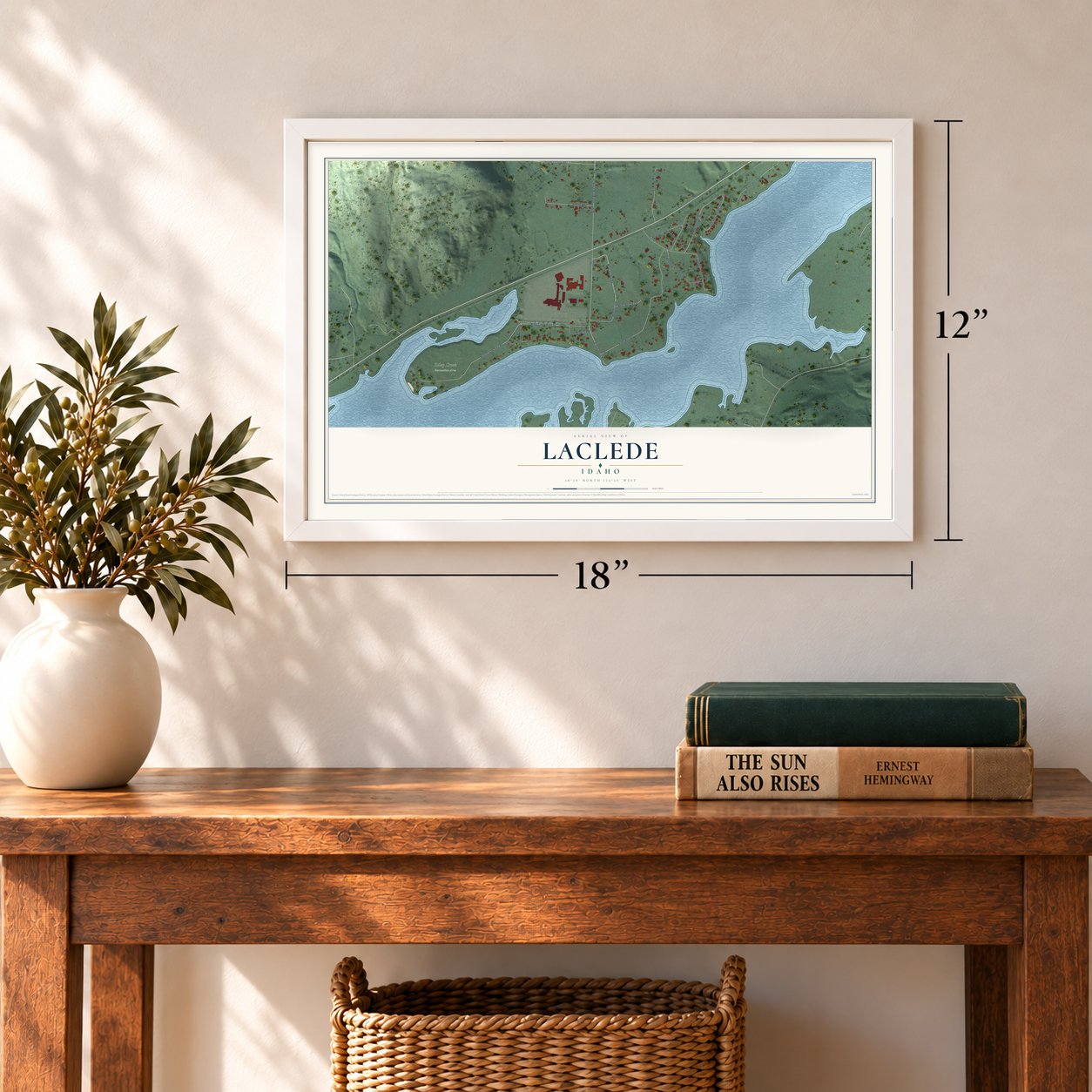 Laclede, Idaho map, 12 x 18 inch print in a white frame in an entryway