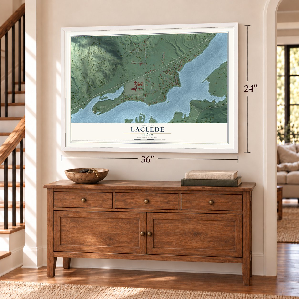 Laclede, Idaho map, 24 x 36 inch print in a white frame above a dresser by a staircase