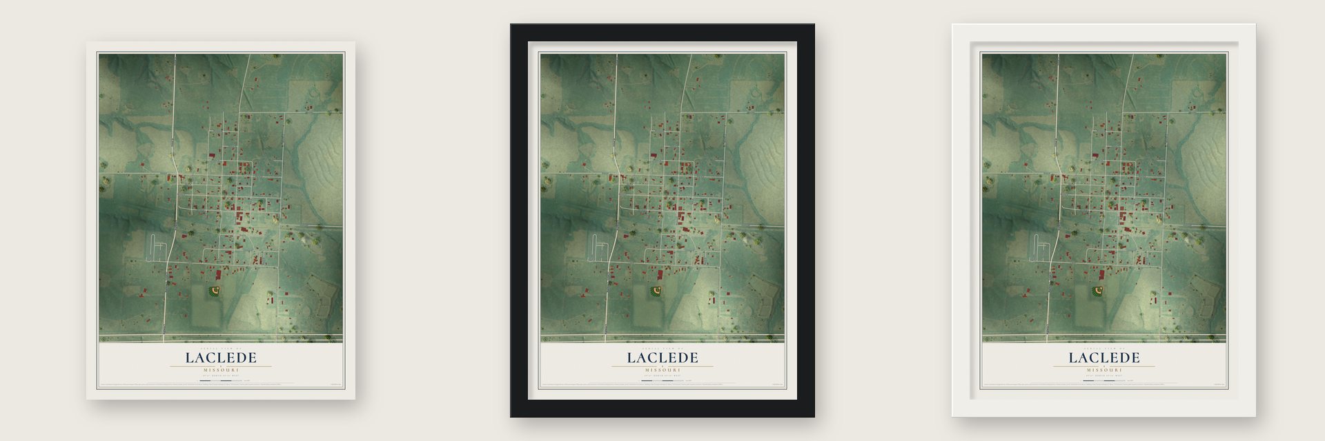 Laclede, Missouri map unframed, in a black wood frame and in a white wood frame