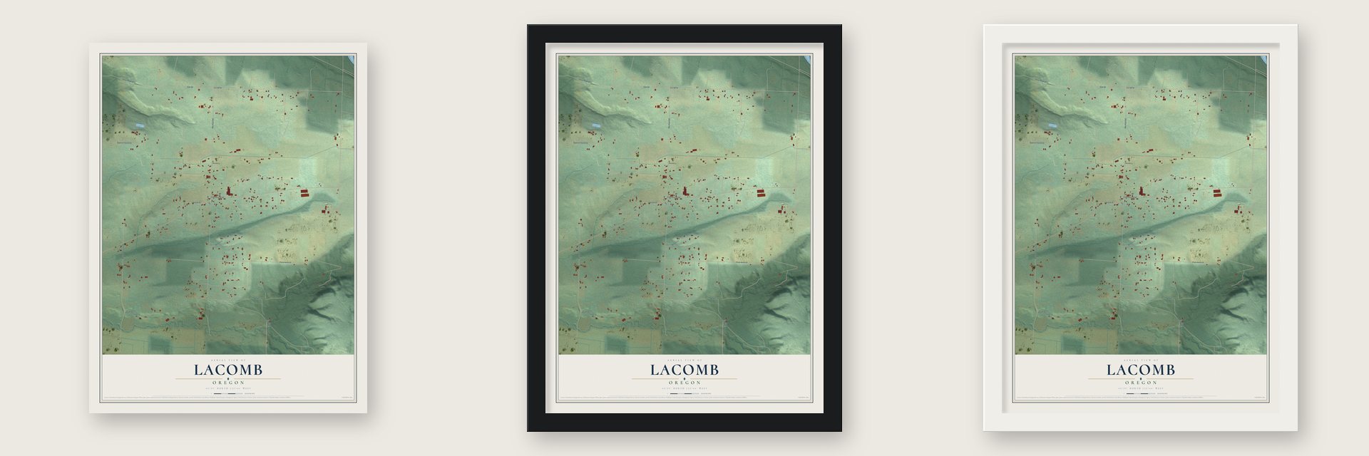 Lacomb, Oregon map unframed, in a black wood frame and in a white wood frame