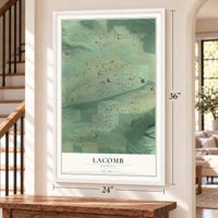 Lacomb, Oregon map, 24 x 36 inch print in a white frame by a staircase