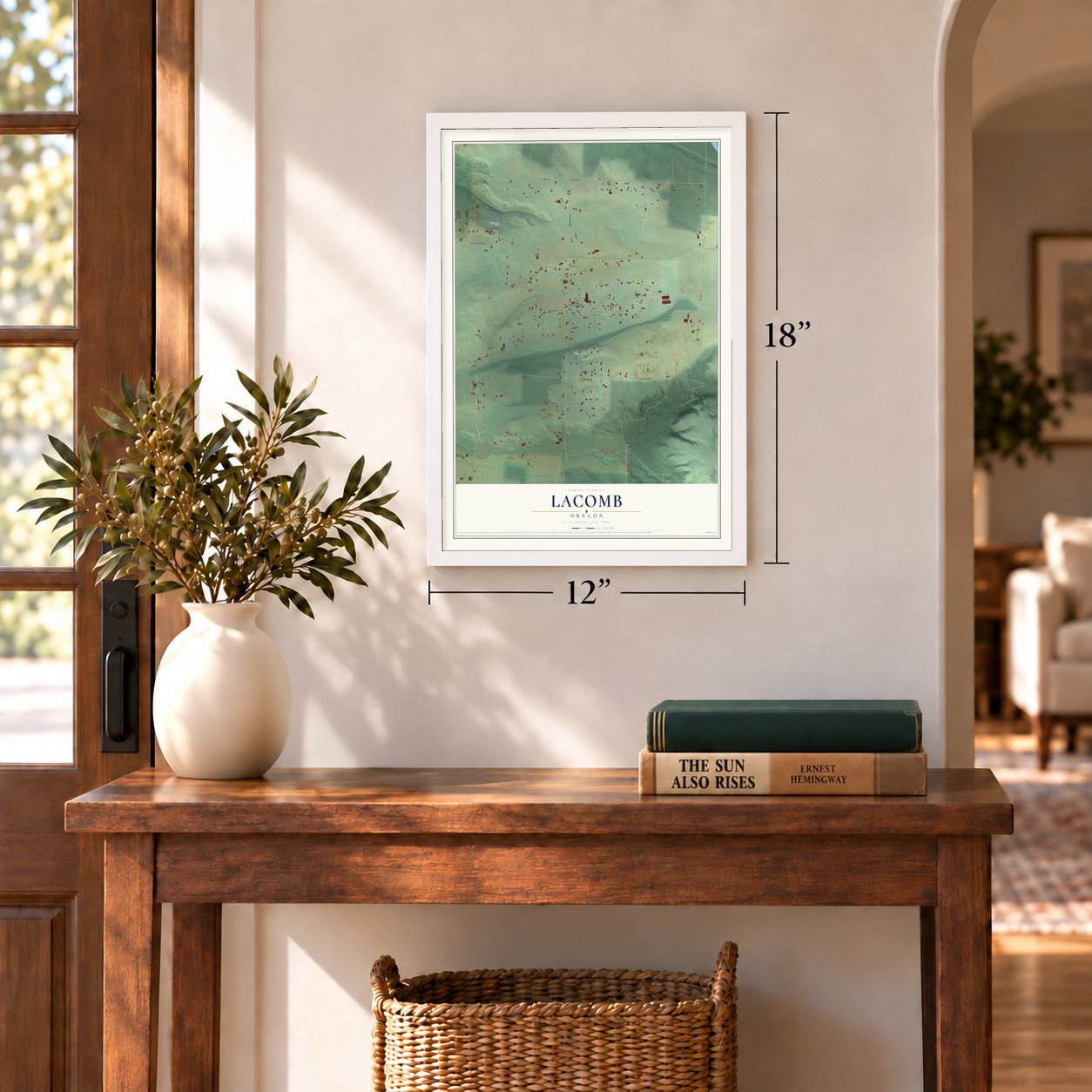 Lacomb, Oregon map, 12 x 18 inch print in a white frame in an entryway