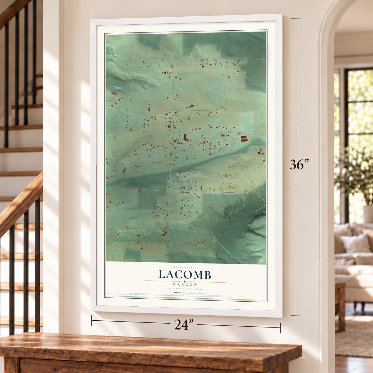 Lacomb, Oregon map, 24 x 36 inch print in a white frame by a staircase