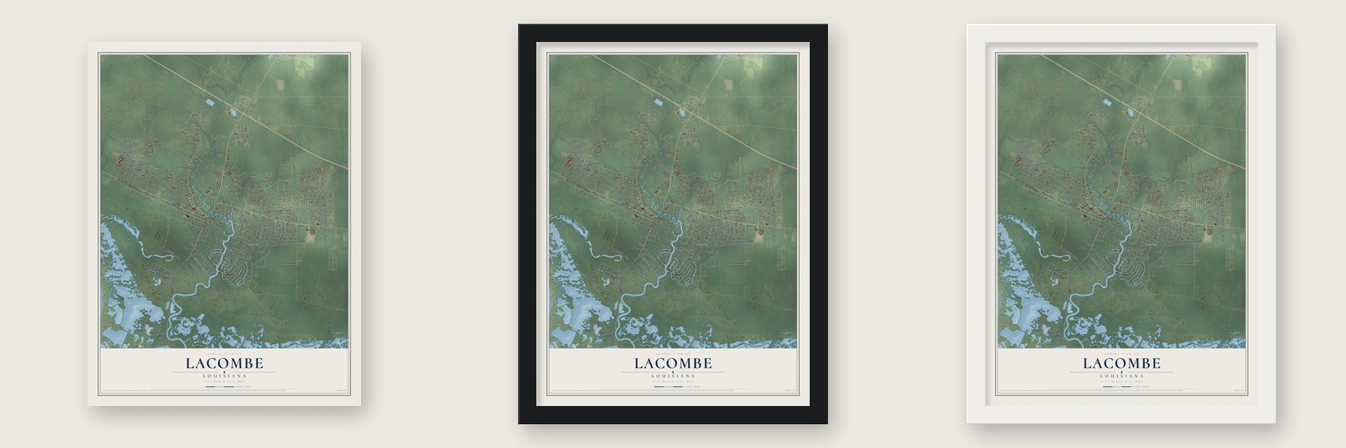 Lacombe, Louisiana map unframed, in a black wood frame and in a white wood frame