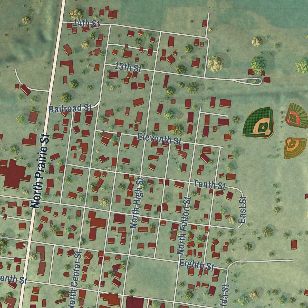 Second close-up of the map of Lacon, Illinois print showing more streets and buildings