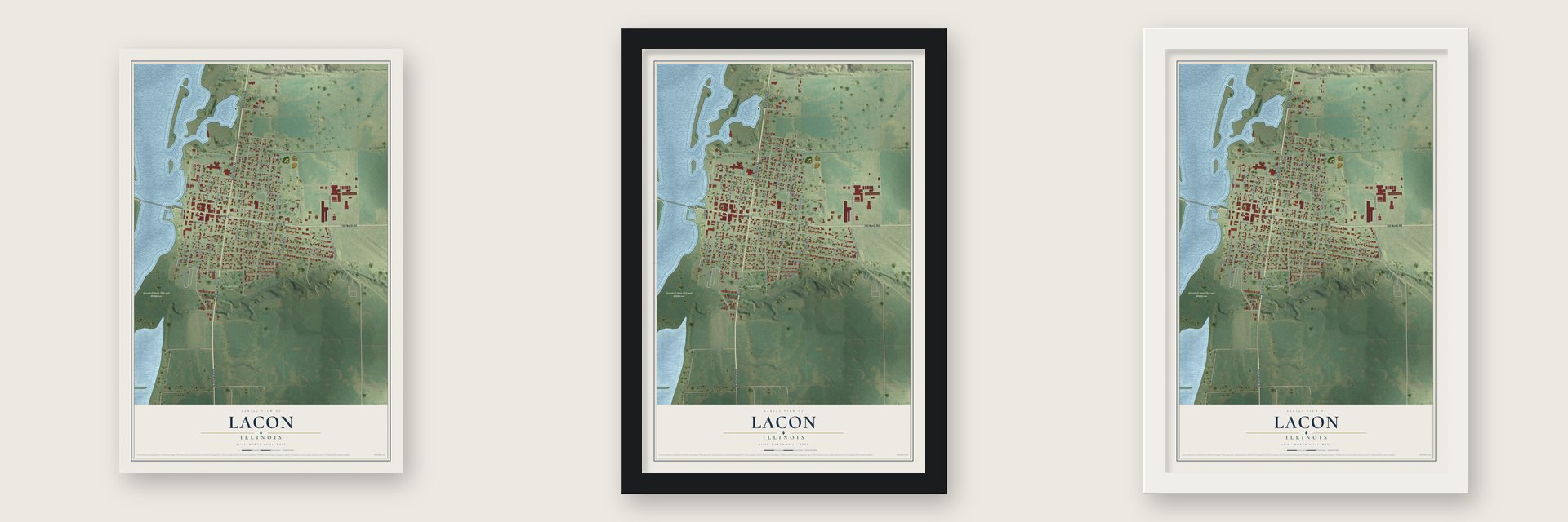 Lacon, Illinois map unframed, in a black wood frame and in a white wood frame