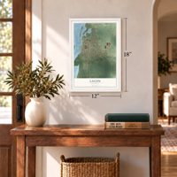 Lacon, Illinois map, 12 x 18 inch print in a white frame in an entryway