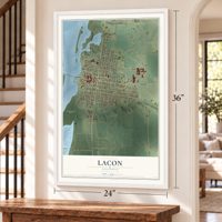 Lacon, Illinois map, 24 x 36 inch print in a white frame by a staircase