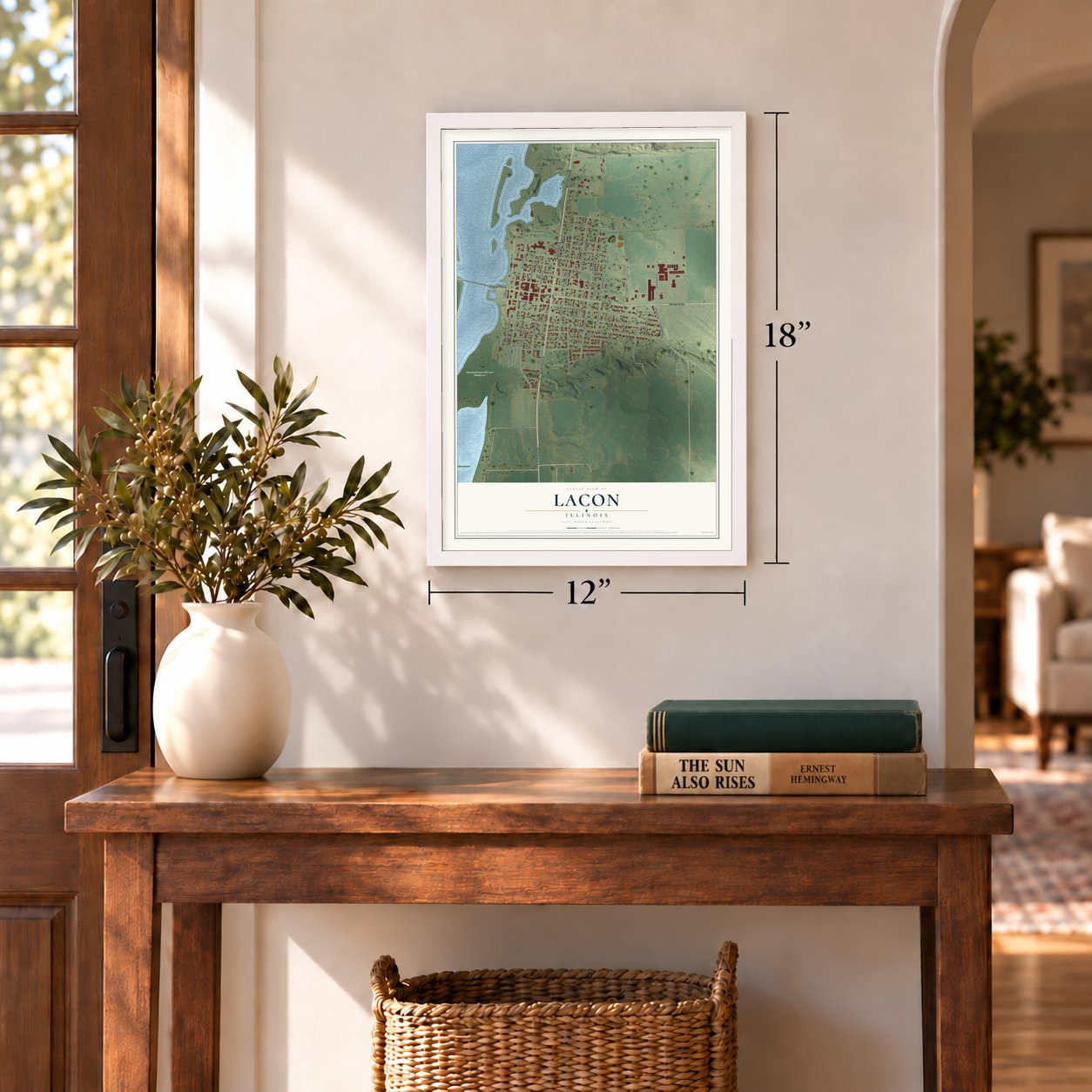 Lacon, Illinois map, 12 x 18 inch print in a white frame in an entryway