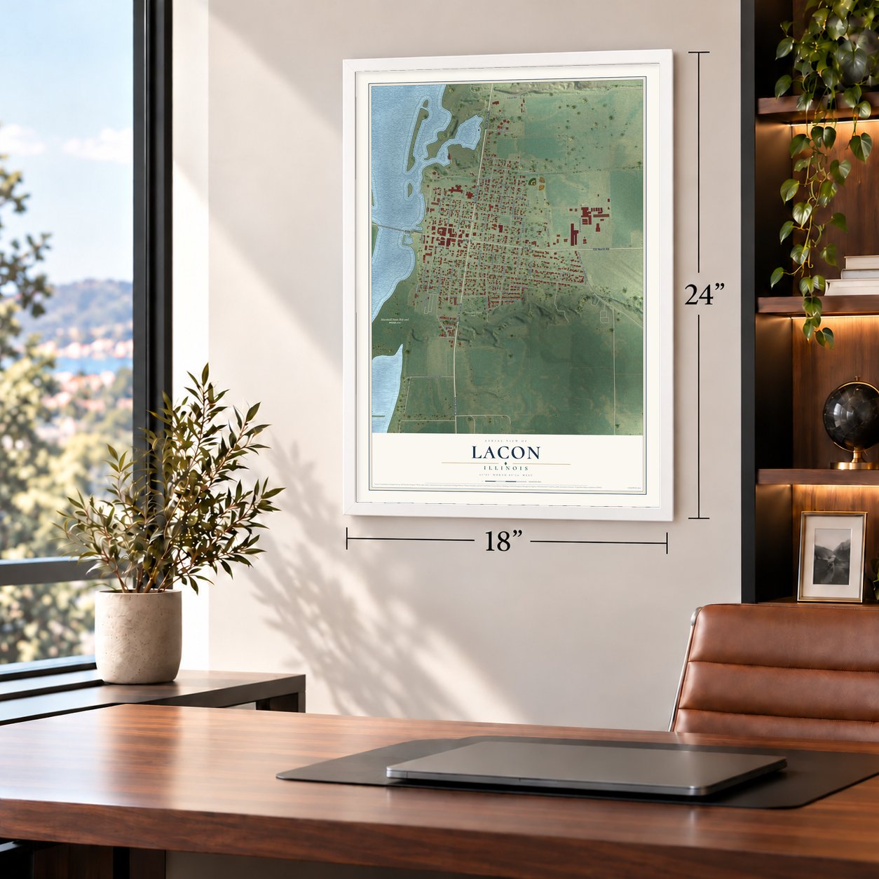 Lacon, Illinois map, 18 x 24 inch print in a white frame in a home office