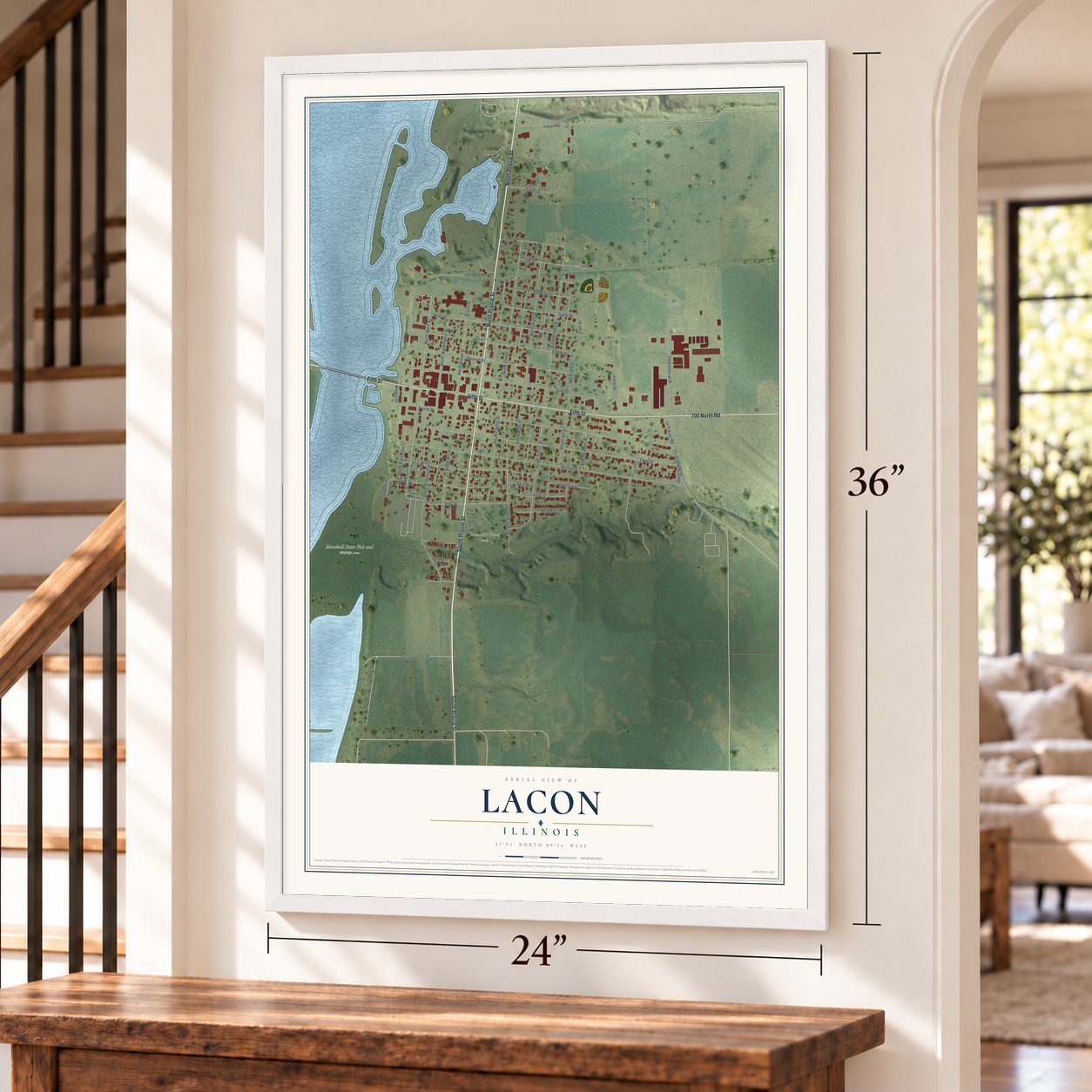 Lacon, Illinois map, 24 x 36 inch print in a white frame by a staircase