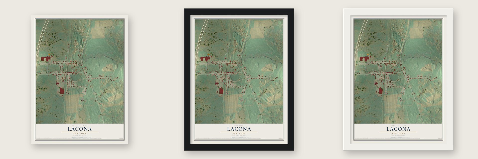 Lacona, New York map unframed, in a black wood frame and in a white wood frame