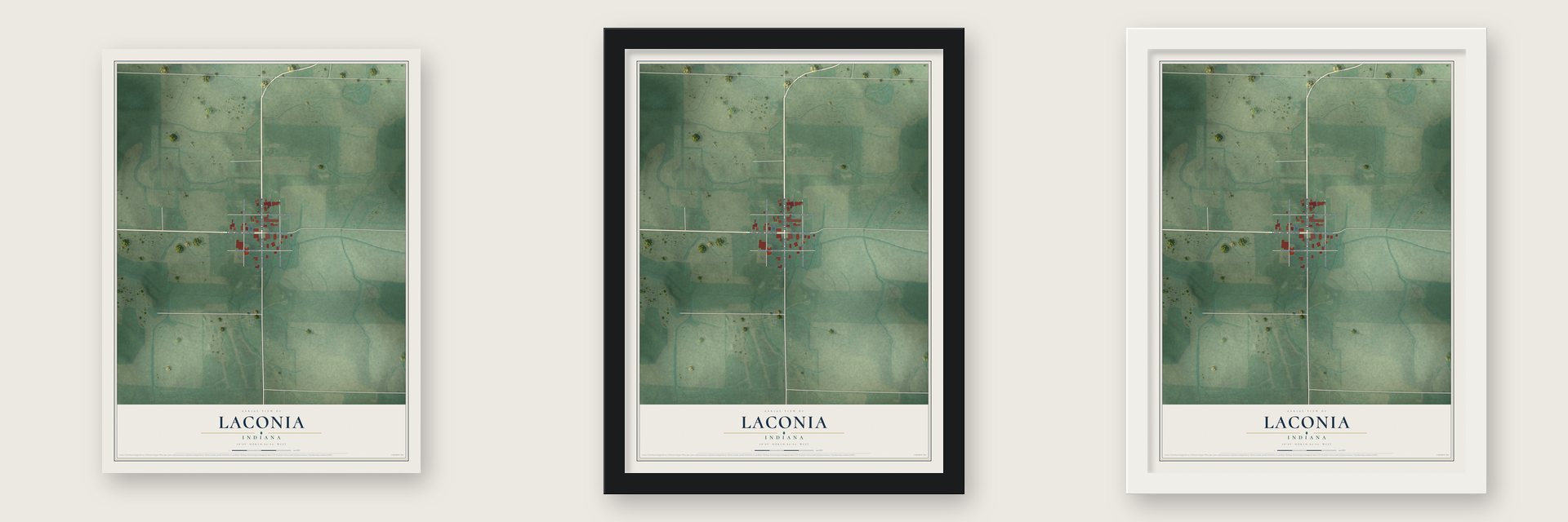 Laconia, Indiana map unframed, in a black wood frame and in a white wood frame