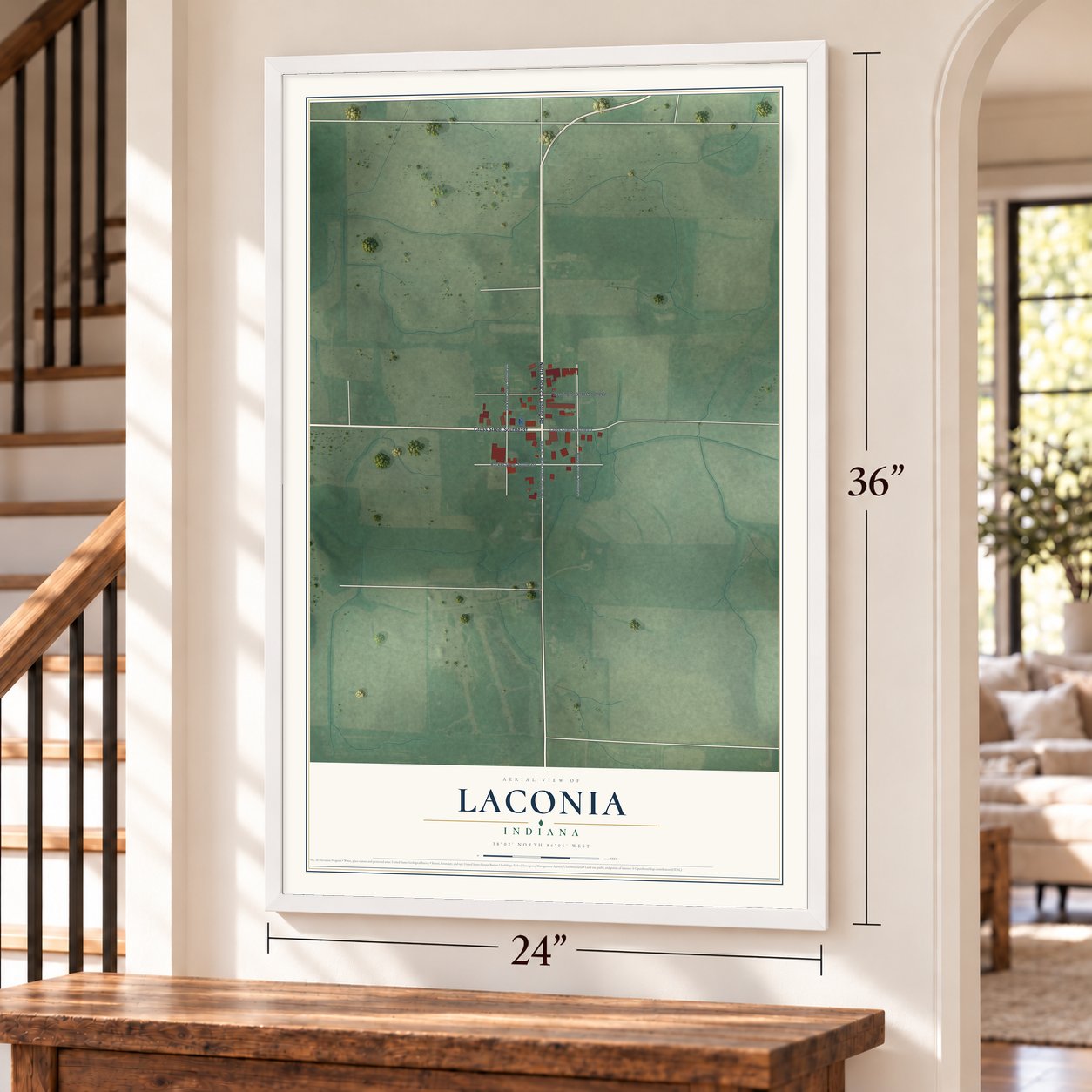 Laconia, Indiana map, 24 x 36 inch print in a white frame by a staircase