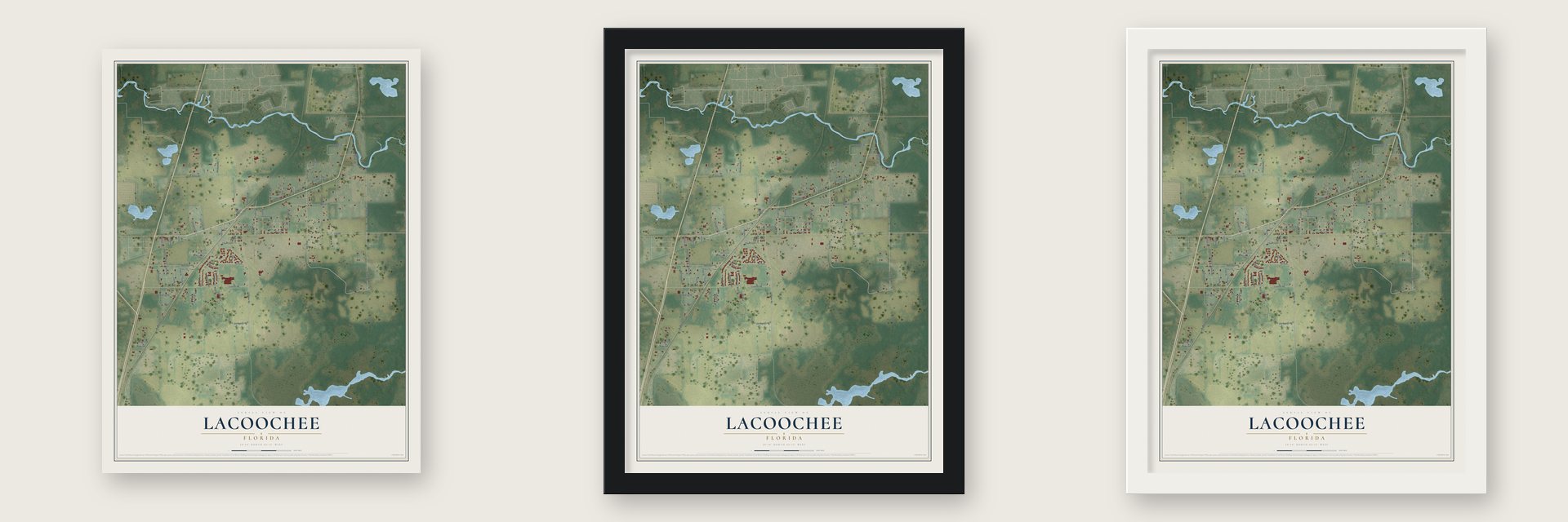 Lacoochee, Florida map unframed, in a black wood frame and in a white wood frame