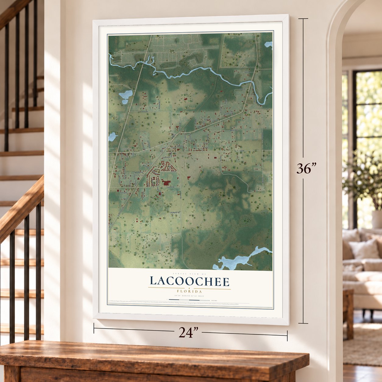 Lacoochee, Florida map, 24 x 36 inch print in a white frame by a staircase