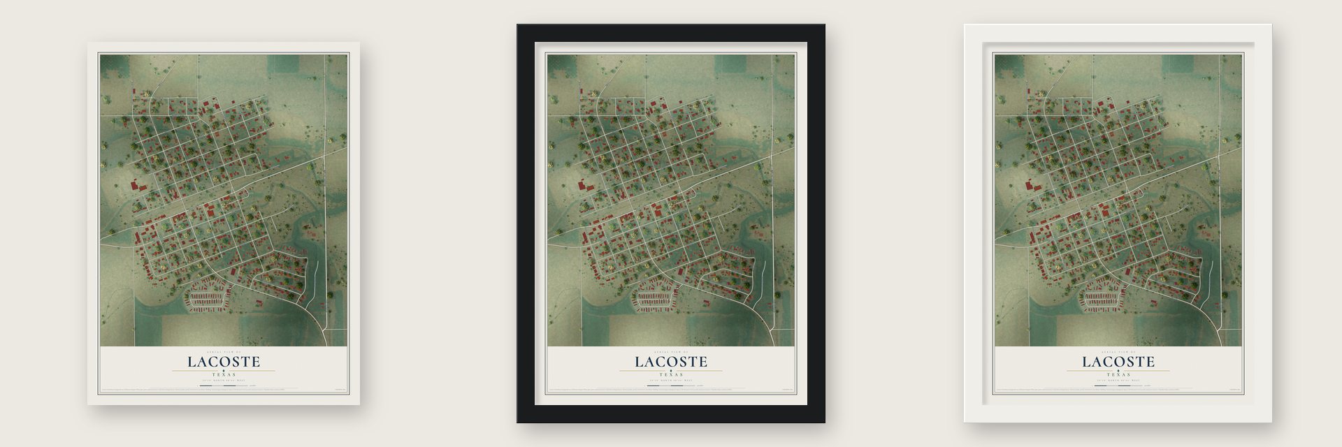 LaCoste, Texas map unframed, in a black wood frame and in a white wood frame