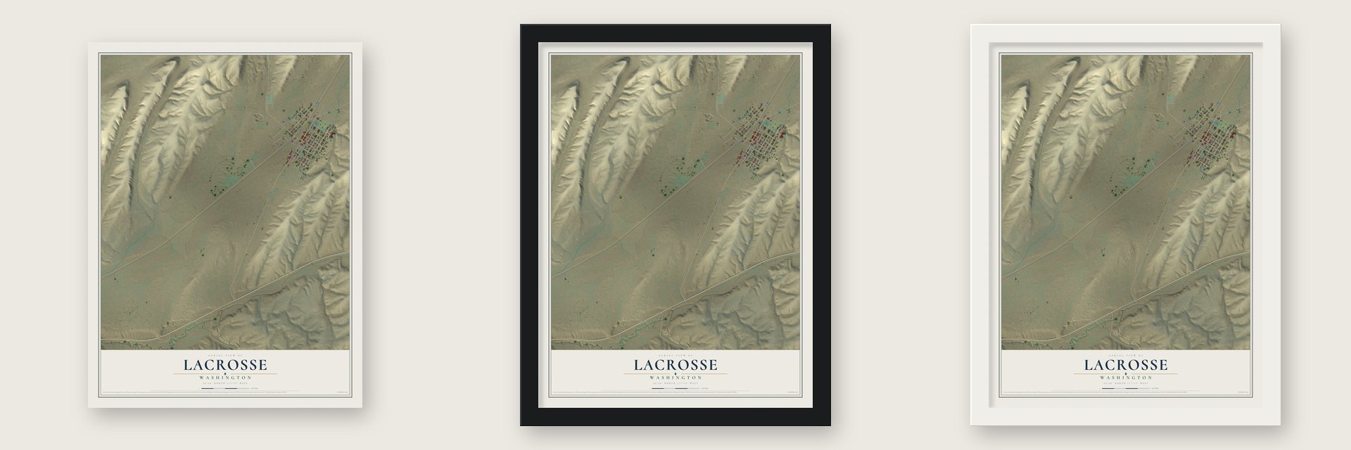LaCrosse, Washington map unframed, in a black wood frame and in a white wood frame