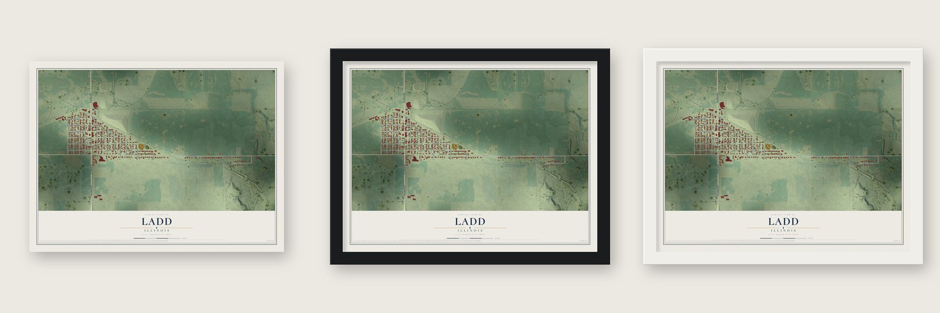 Ladd, Illinois map unframed, in a black wood frame and in a white wood frame