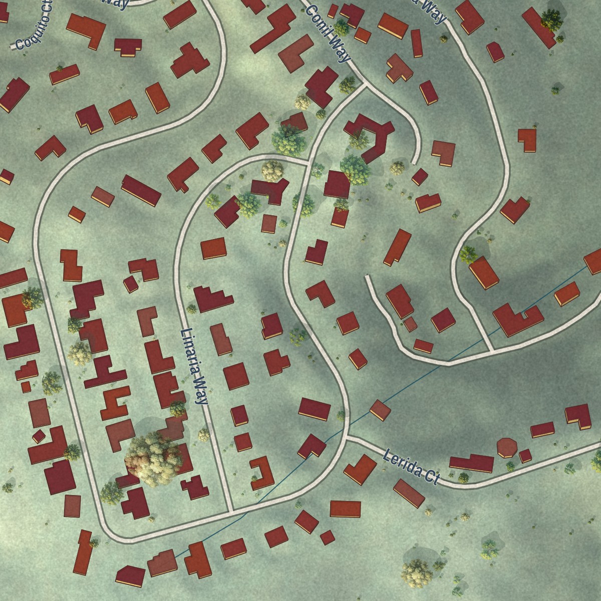 Second close-up of the map of Ladera, California print showing more streets and buildings