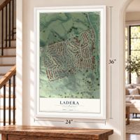 Ladera, California map, 24 x 36 inch print in a white frame by a staircase