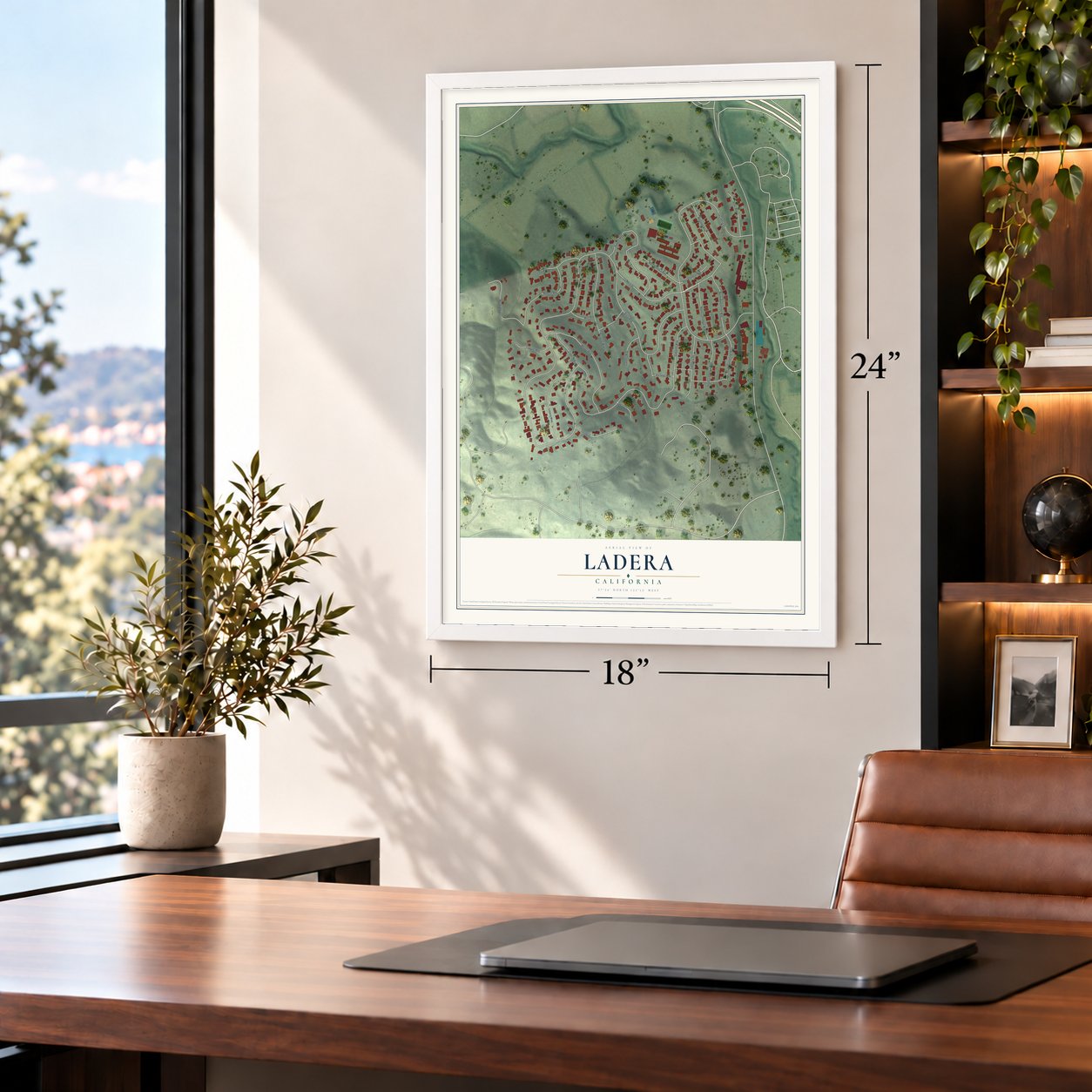 Ladera, California map, 18 x 24 inch print in a white frame in a home office