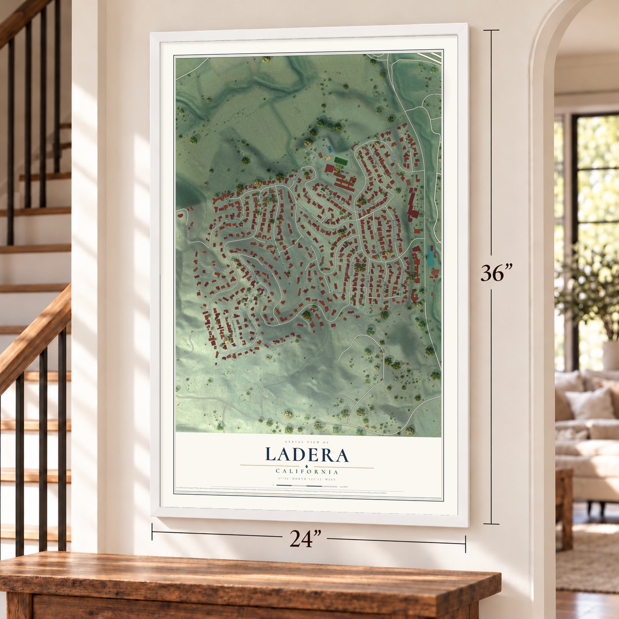 Ladera, California map, 24 x 36 inch print in a white frame by a staircase