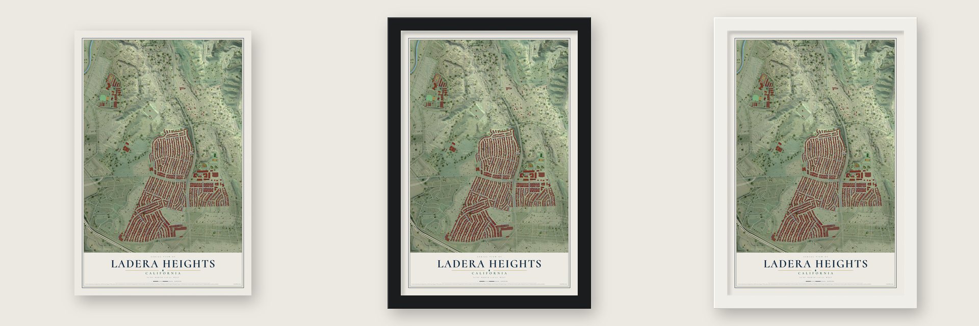 Ladera Heights, California map unframed, in a black wood frame and in a white wood frame