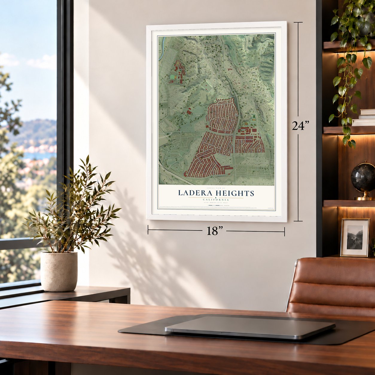 Ladera Heights, California map, 18 x 24 inch print in a white frame in a home office